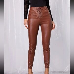 Faux leather brown lace up pants